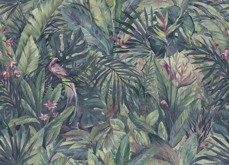 Birds in the Jungle, Blue Mural Wallpaper