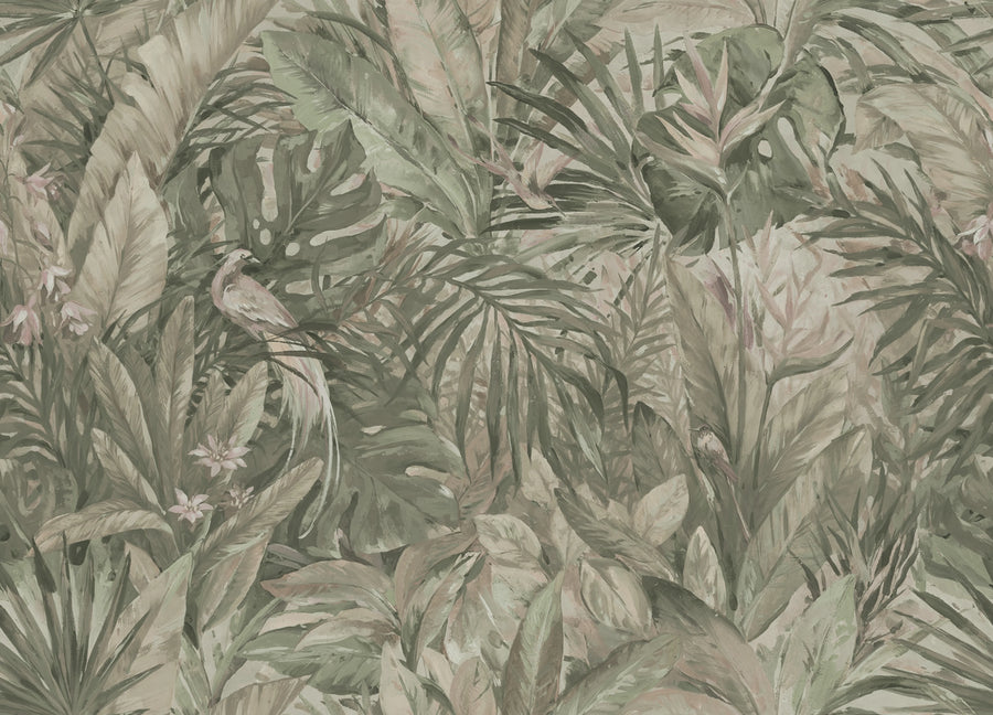 Birds in the Jungle, Light Green Mural Wallpaper