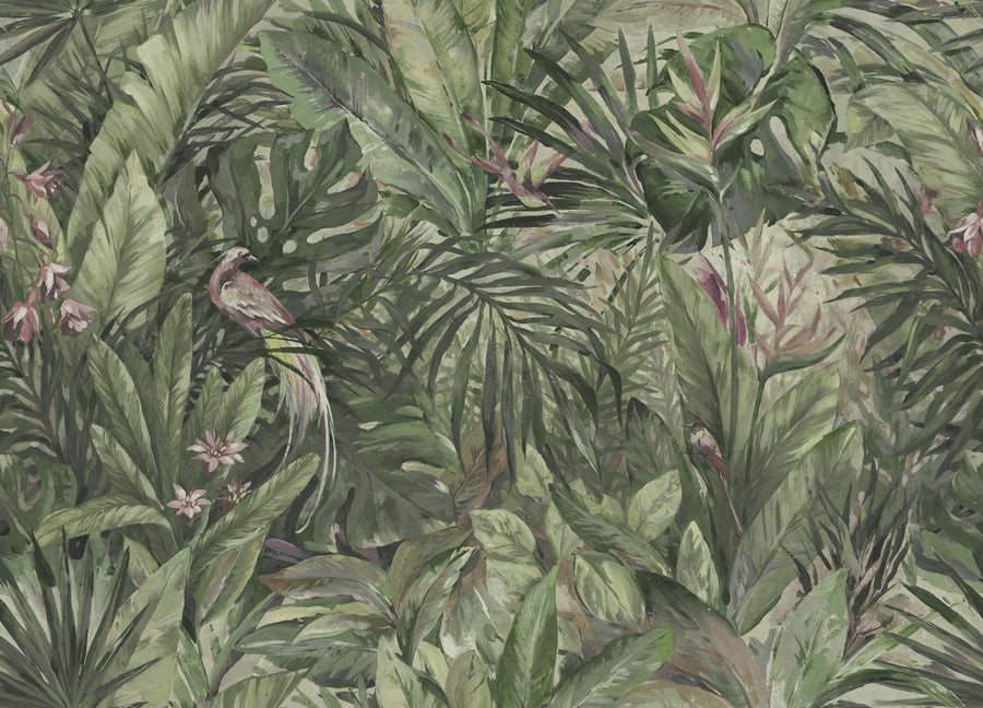Birds in the Jungle, Green Mural Wallpaper