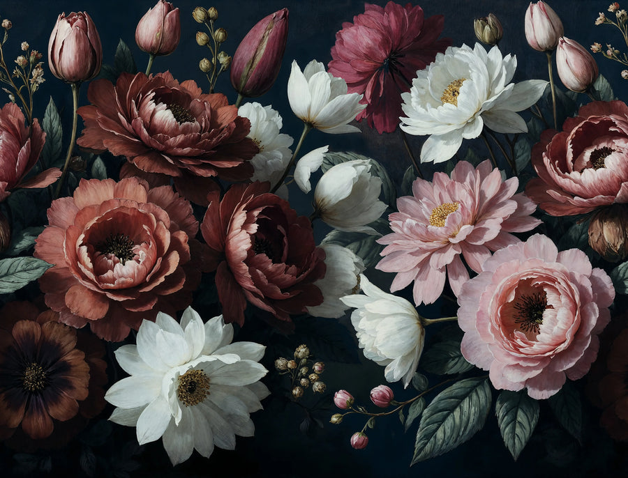 Bouquet in Bloom, Dark Mural Wallpaper