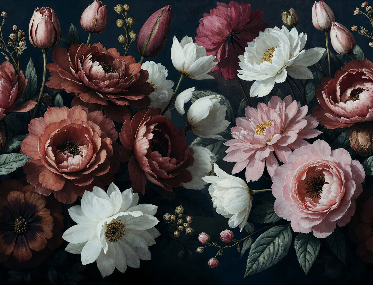 Bouquet in Bloom, Dark Mural Wallpaper - pure wallpaper artwork