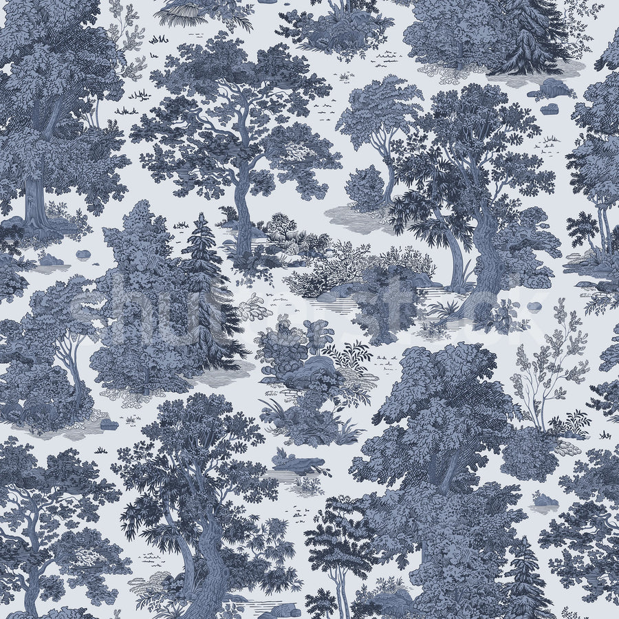 Woodland Toile, Blue Mural Wallpaper