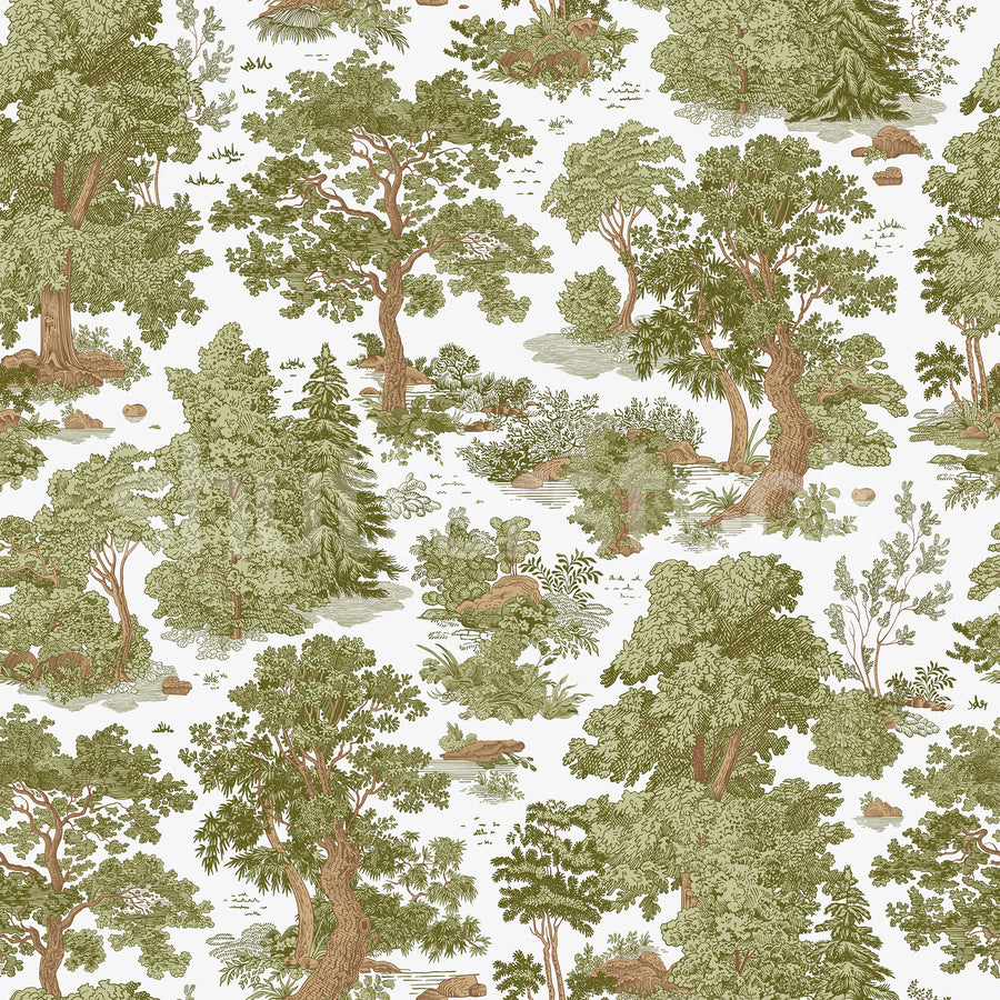 Woodland Toile, Light Green Mural Wallpaper