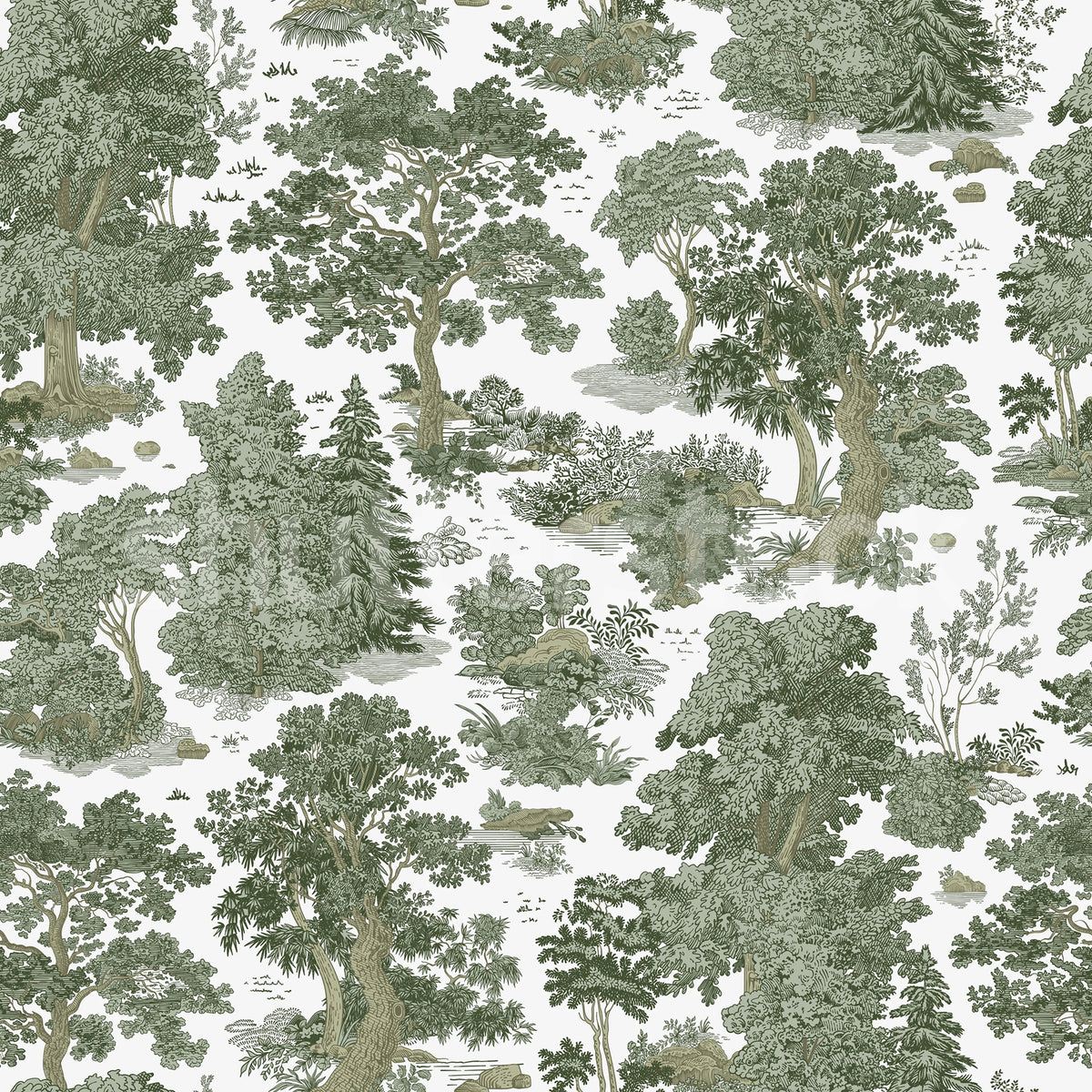 Woodland Toile, Green Mural Wallpaper - pure wallpaper artwork