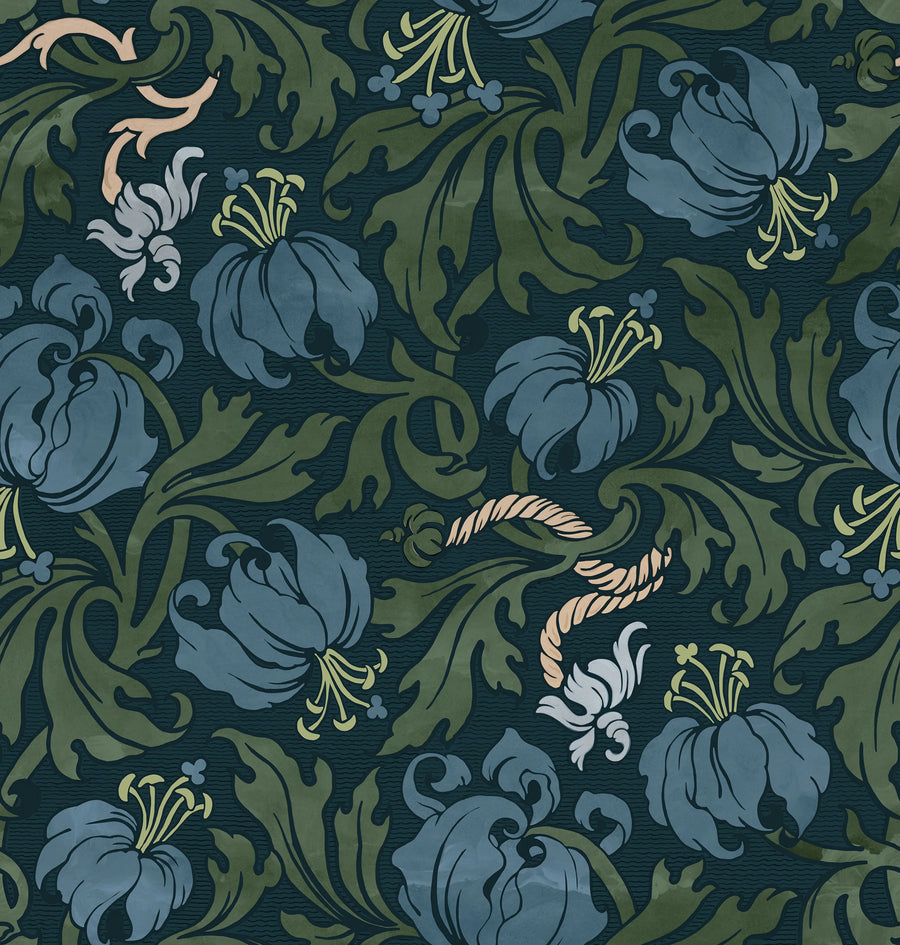 Midnight Peony, Blue Mural Wallpaper
