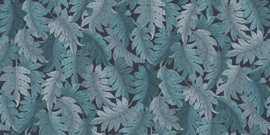Swirling Fern, Blue Mural Wallpaper