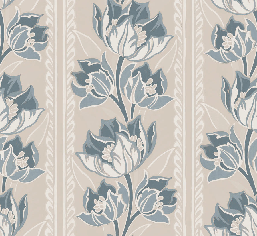 Tulip Stripes, Blue Mural Wallpaper