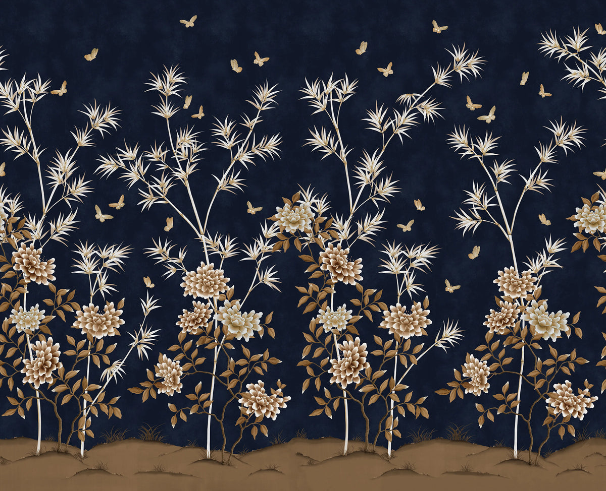Eastern Bloom, Dark Blue Mural Wallpaper - pure wallpaper artwork