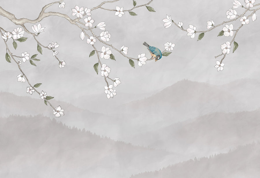 Bird in Tree, White Mural Wallpaper