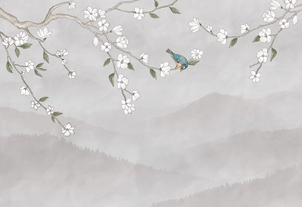 Bird in Tree, White Mural Wallpaper - pure wallpaper artwork