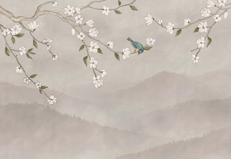 Bird in Tree, Pink Mural Wallpaper