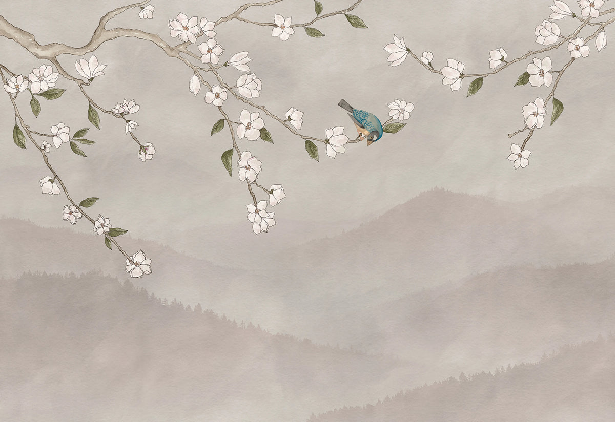 Bird in Tree, Pink Mural Wallpaper - pure wallpaper artwork