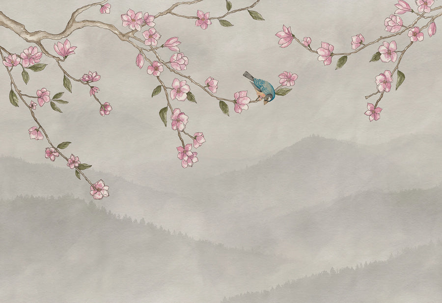 Bird in Tree, Beige Mural Wallpaper