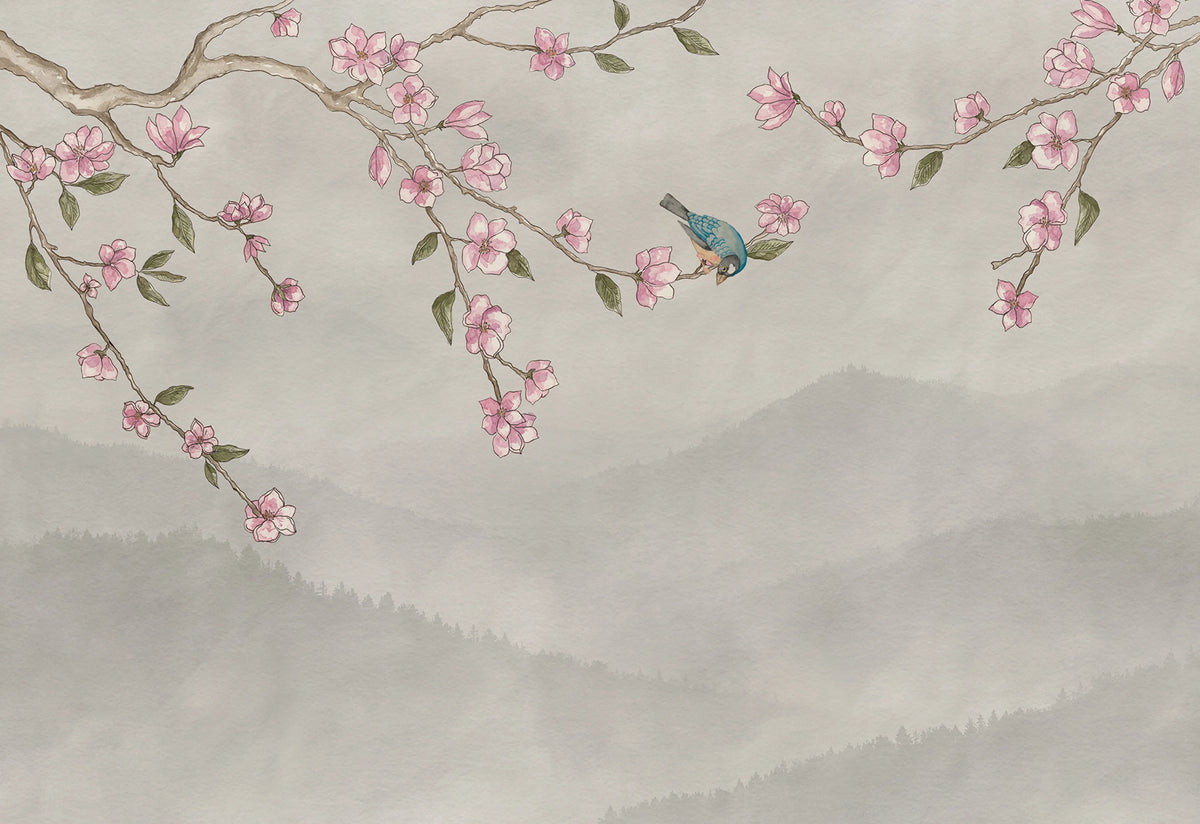 Bird in Tree, Beige Mural Wallpaper - pure wallpaper artwork