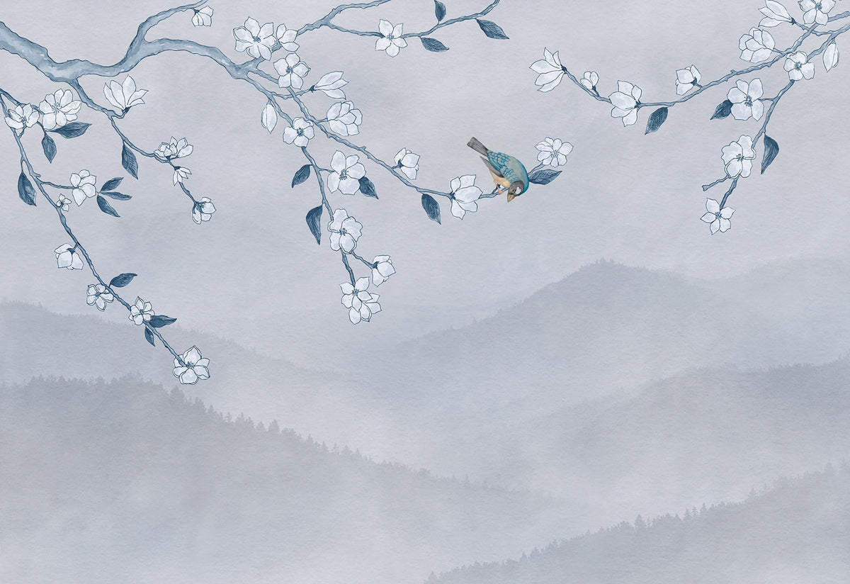 Bird in Tree, Blue Mural Wallpaper - pure wallpaper artwork