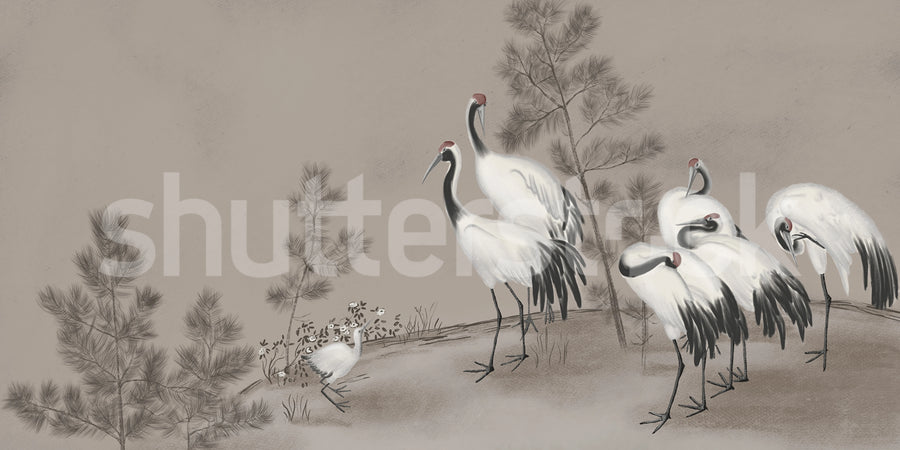 Whispering Cranes, Gray Mural Wallpaper