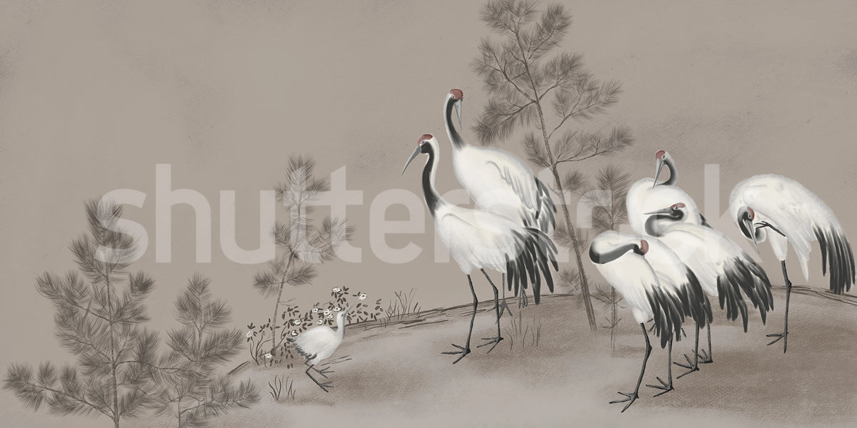Whispering Cranes, Gray Mural Wallpaper - pure wallpaper artwork