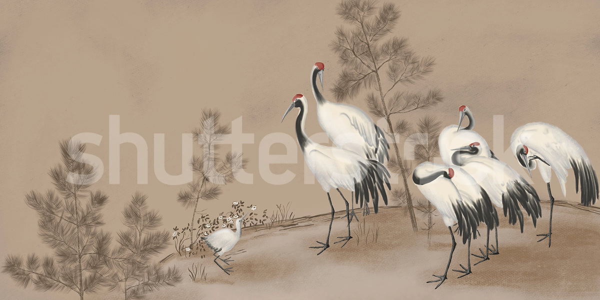 Whispering Cranes, Beige Mural Wallpaper - pure wallpaper artwork