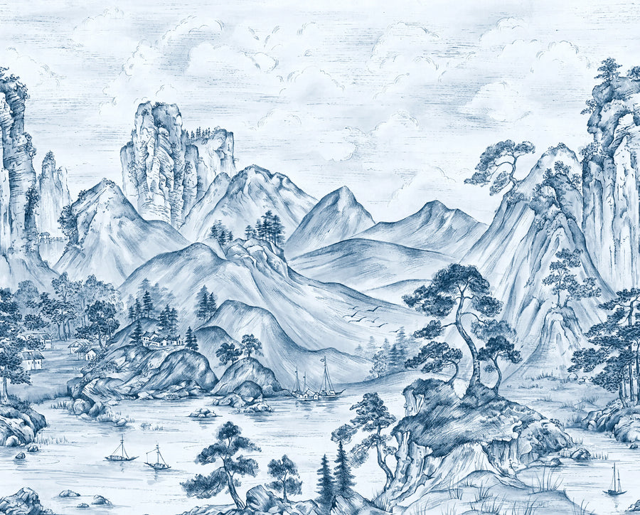 Timeless Pines, Blue Mural Wallpaper