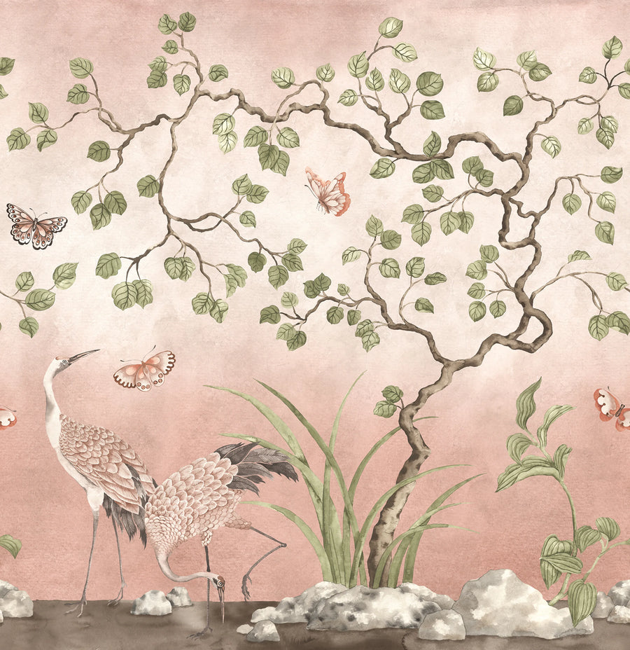 Where Cranes Dream, Pink Mural Wallpaper