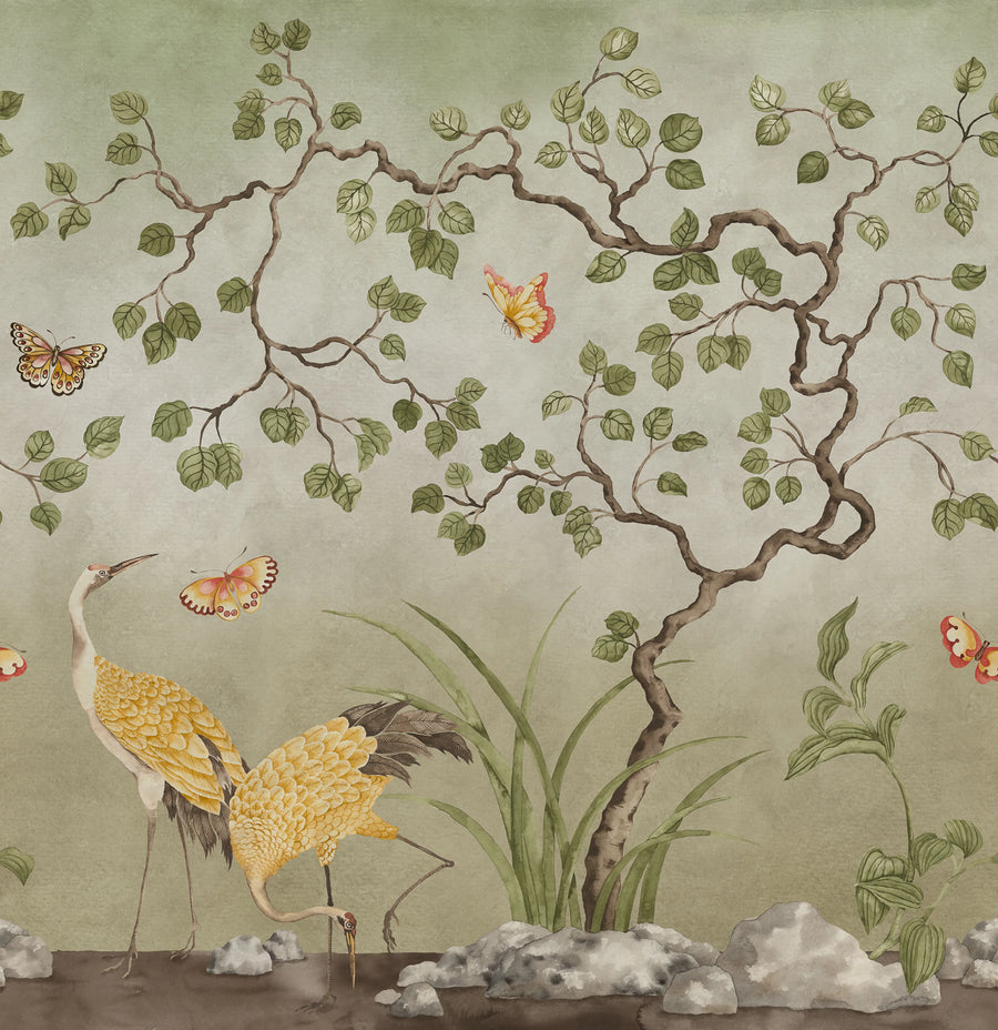 Where Cranes Dream, Green Mural Wallpaper