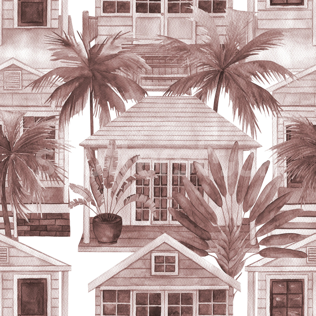 Palm Residence, Burgundy Mural Wallpaper - pure wallpaper artwork