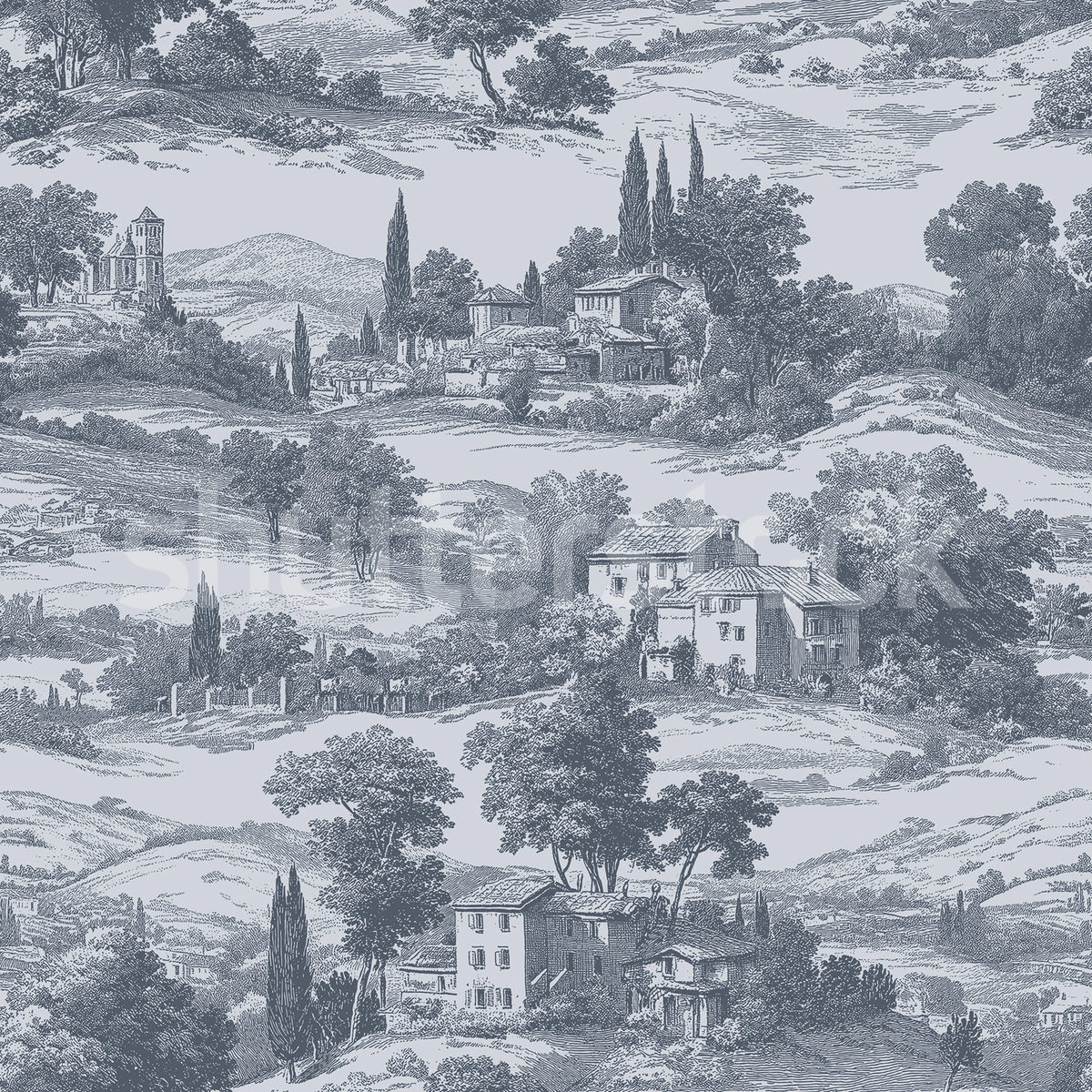 Countryside Toile, Oxford Blue Mural Wallpaper - pure wallpaper artwork