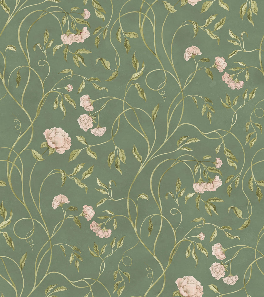 Peony Bloom, Green Mural Wallpaper