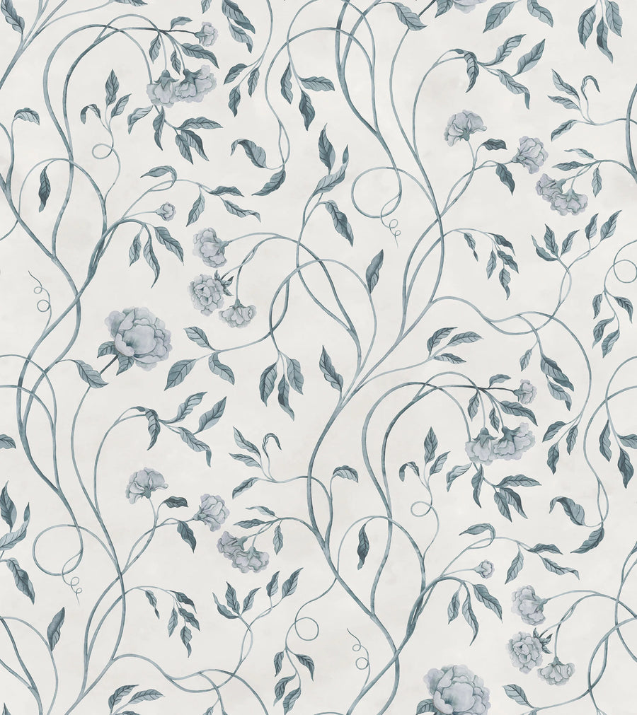 Peony Bloom, Blue Mural Wallpaper