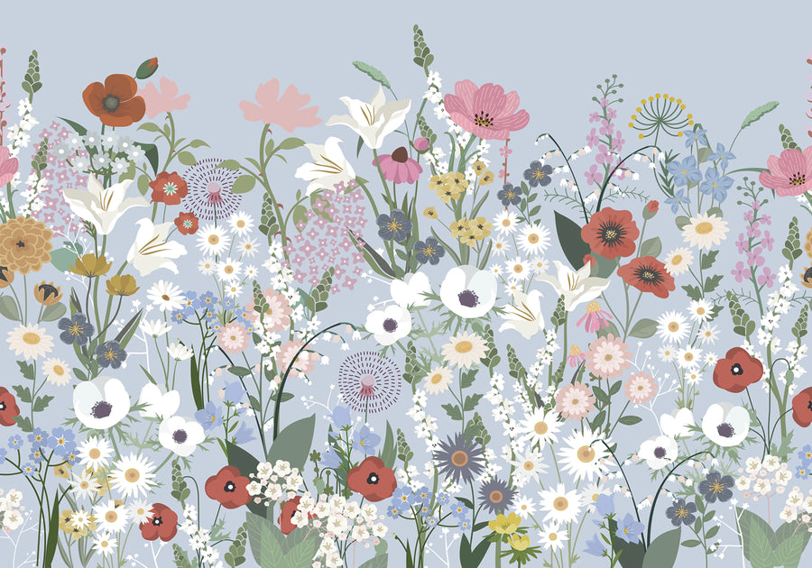 Playful Meadow, Blue Mural Wallpaper