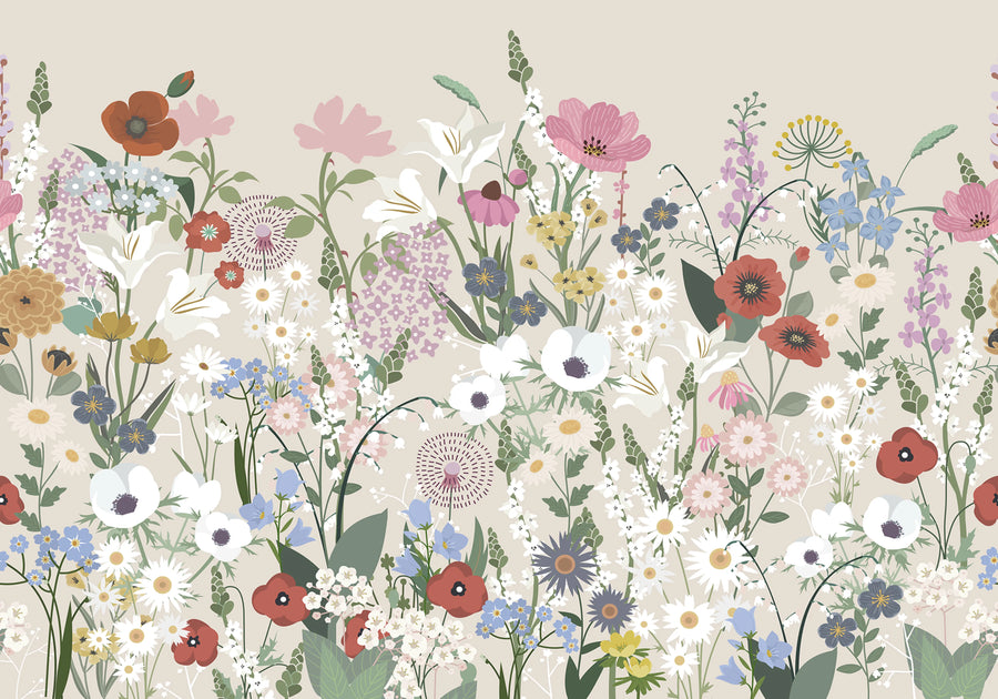 Playful Meadow, Beige Mural Wallpaper
