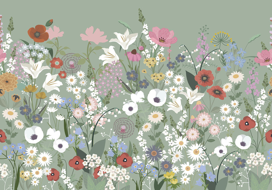 Playful Meadow, Green Mural Wallpaper