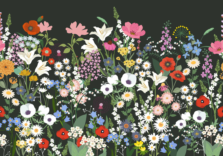 Playful Meadow, Black Mural Wallpaper