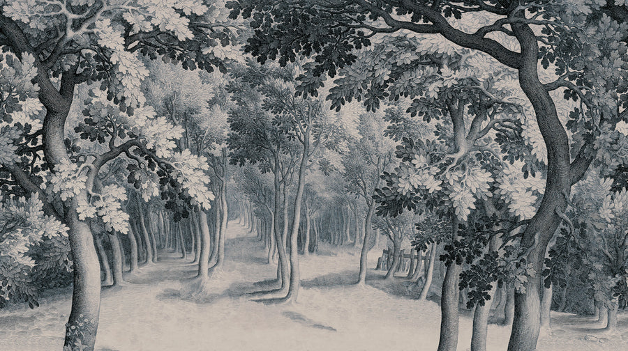 Forest Engraving, Blue Mural Wallpaper