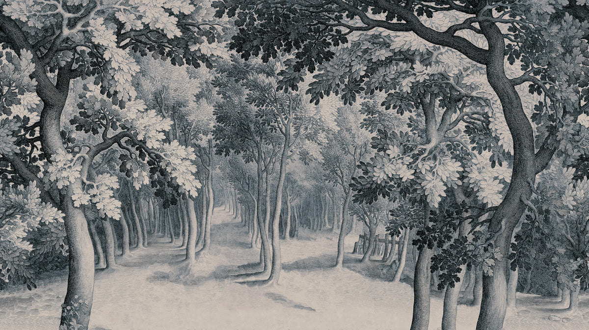 Forest Engraving, Blue Mural Wallpaper - pure wallpaper artwork