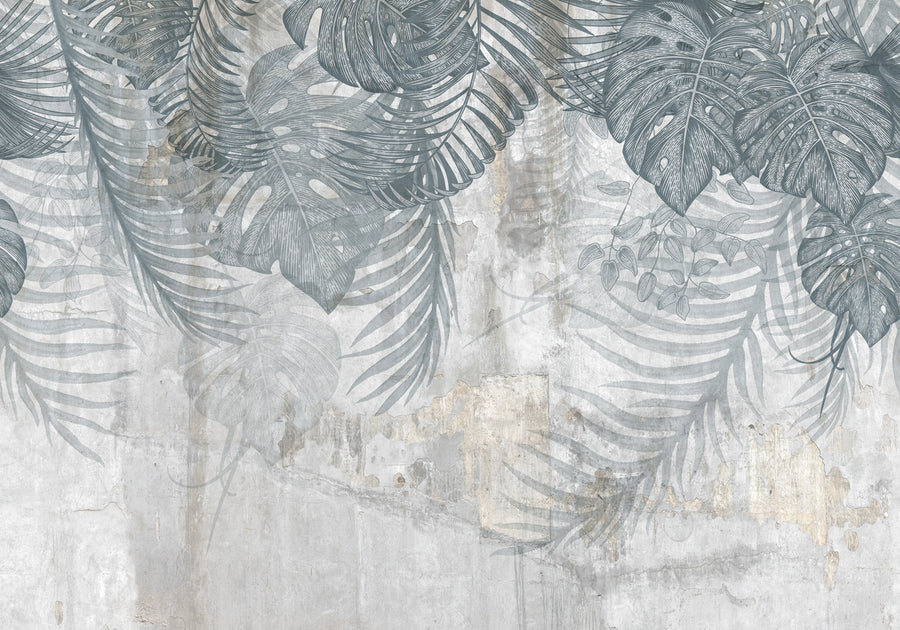 Monstera Wall, Blue Mural Wallpaper