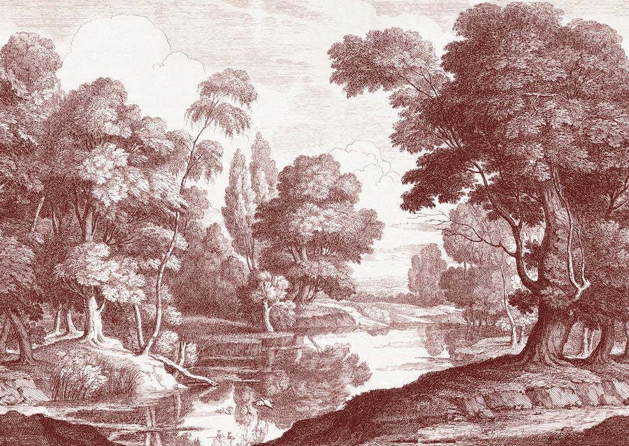 Etching Park, Burgundy Mural Wallpaper