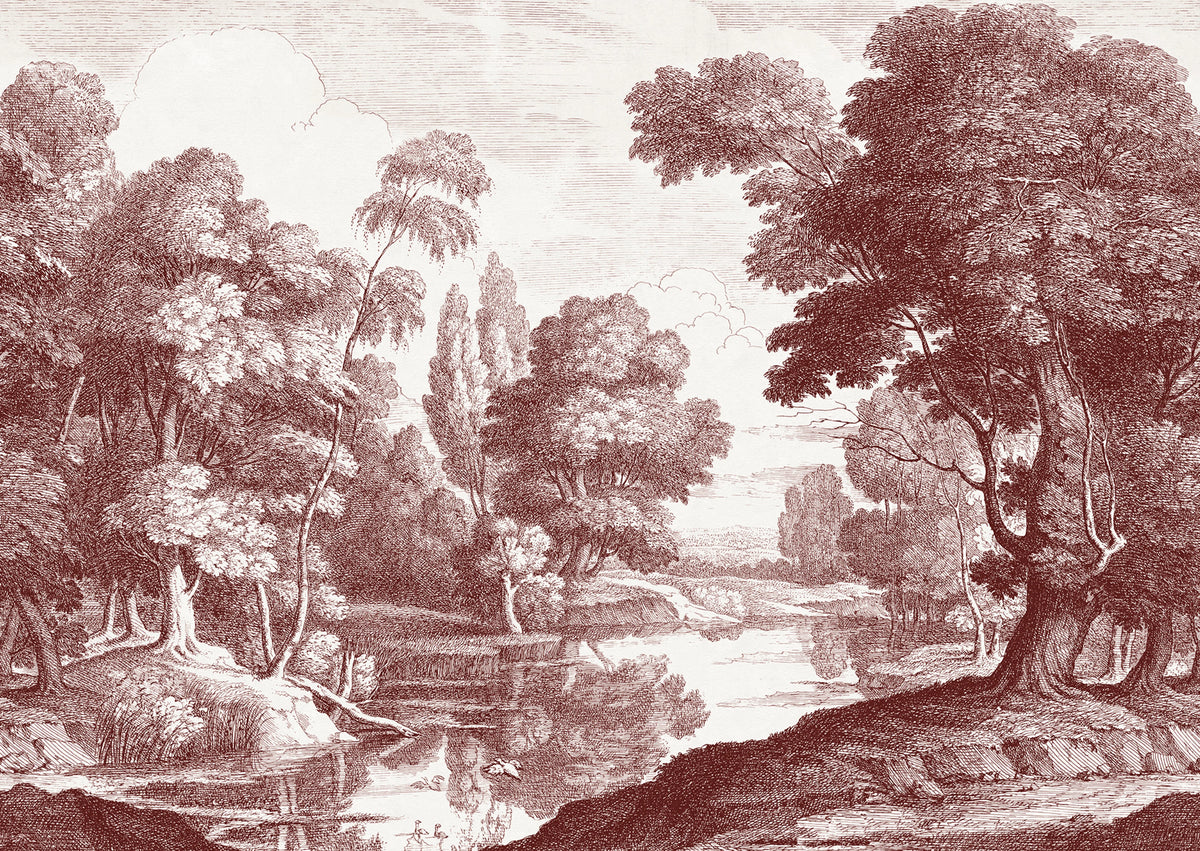 Etching Park, Burgundy Mural Wallpaper - pure wallpaper artwork