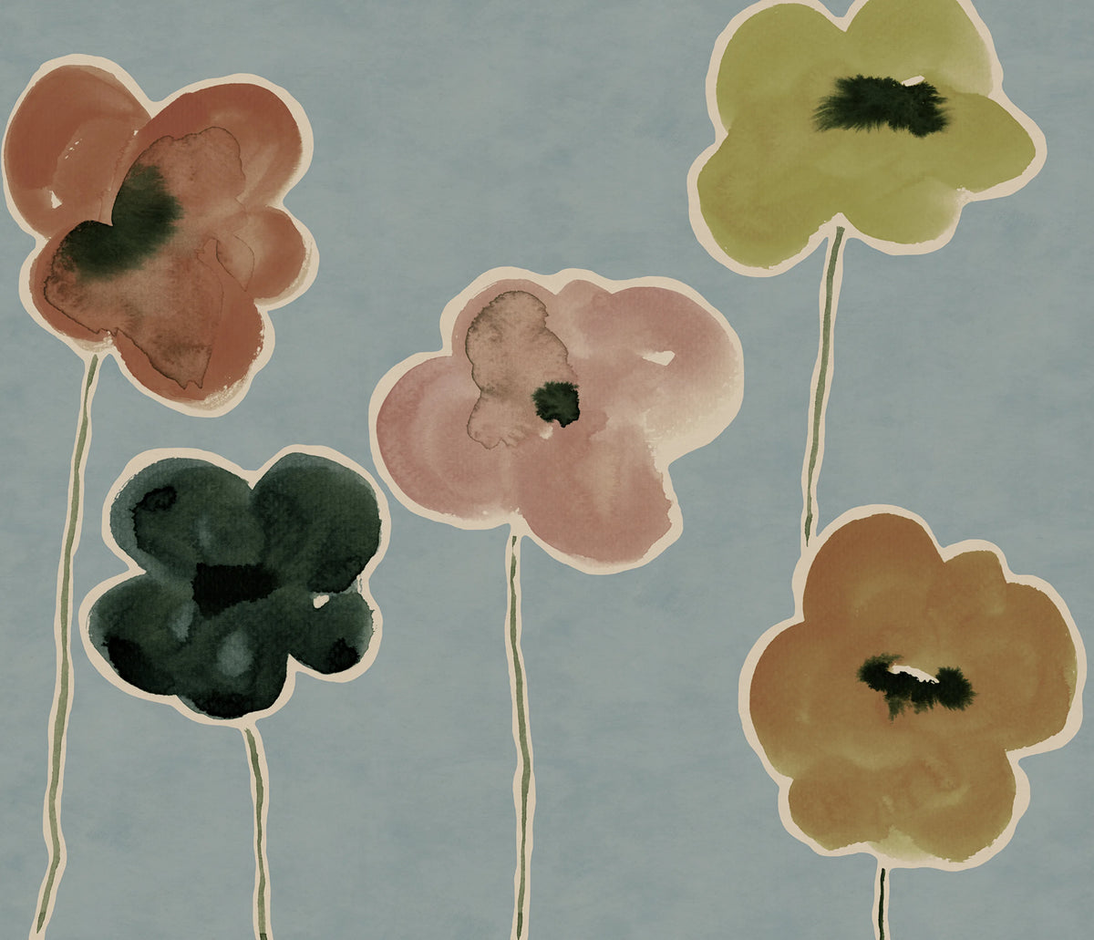 Paper Poppies, Blue Mural Wallpaper - pure wallpaper artwork