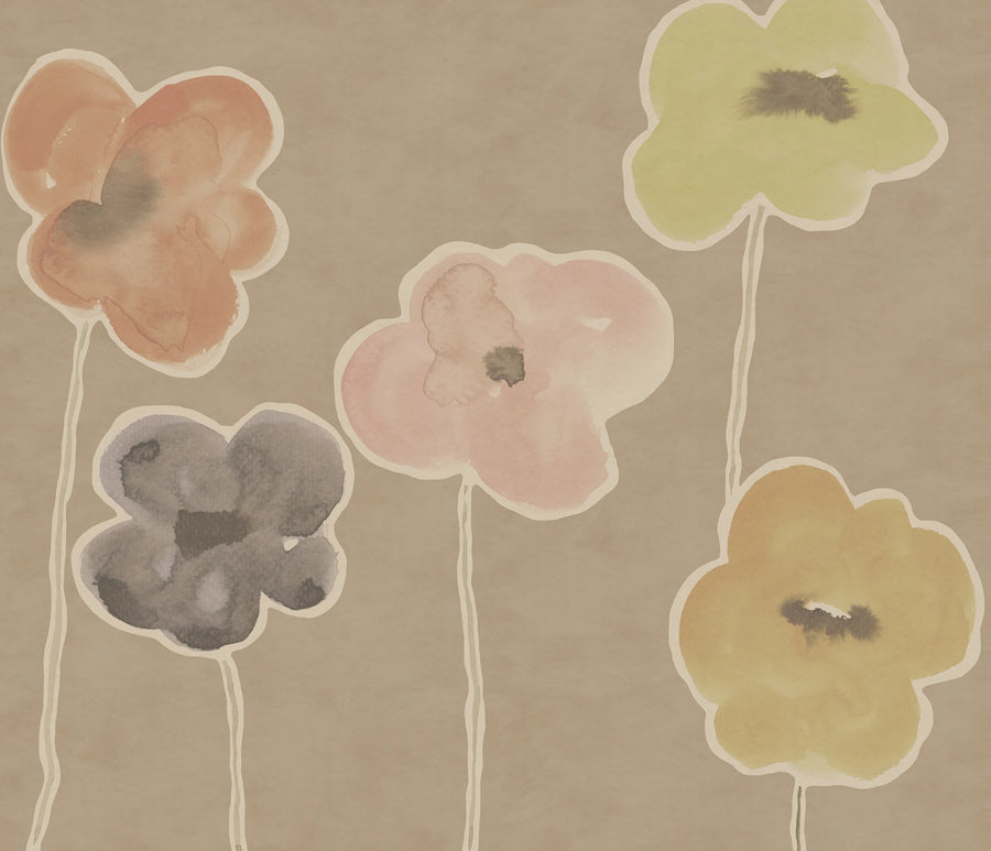 Paper Poppies, Beige Mural Wallpaper
