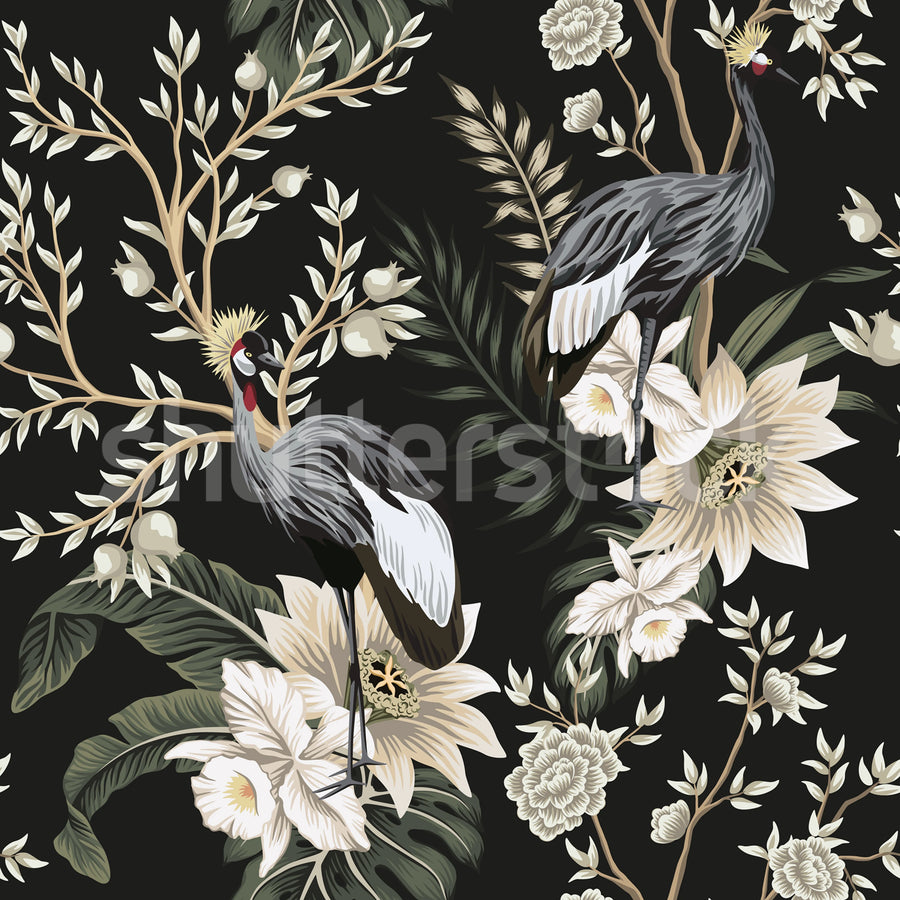 Graceful Cranes, Dark Mural Wallpaper