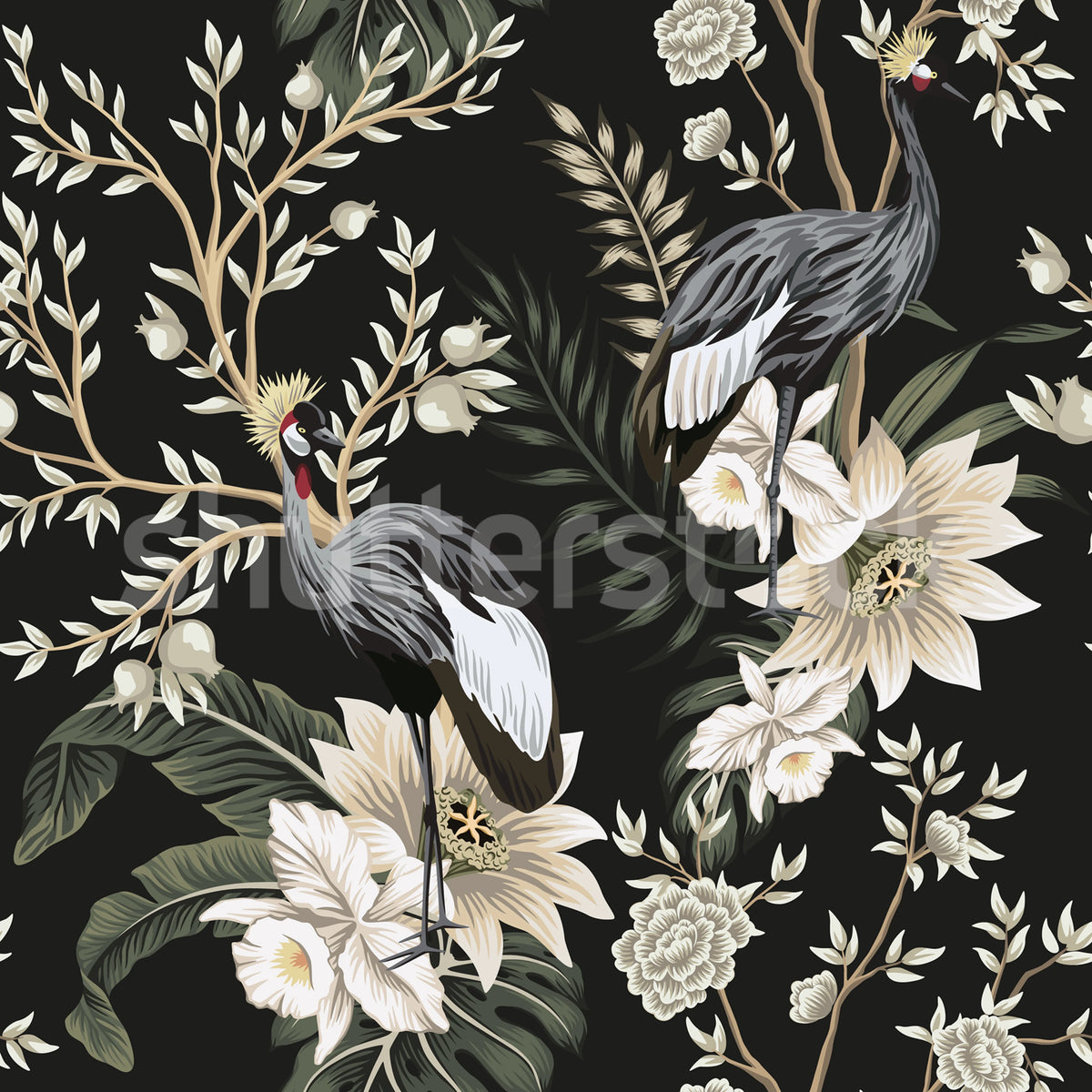 Graceful Cranes, Dark Mural Wallpaper - pure wallpaper artwork