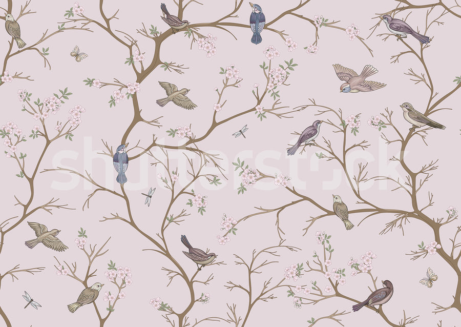 Bird Chinoiserie, Pink Mural Wallpaper