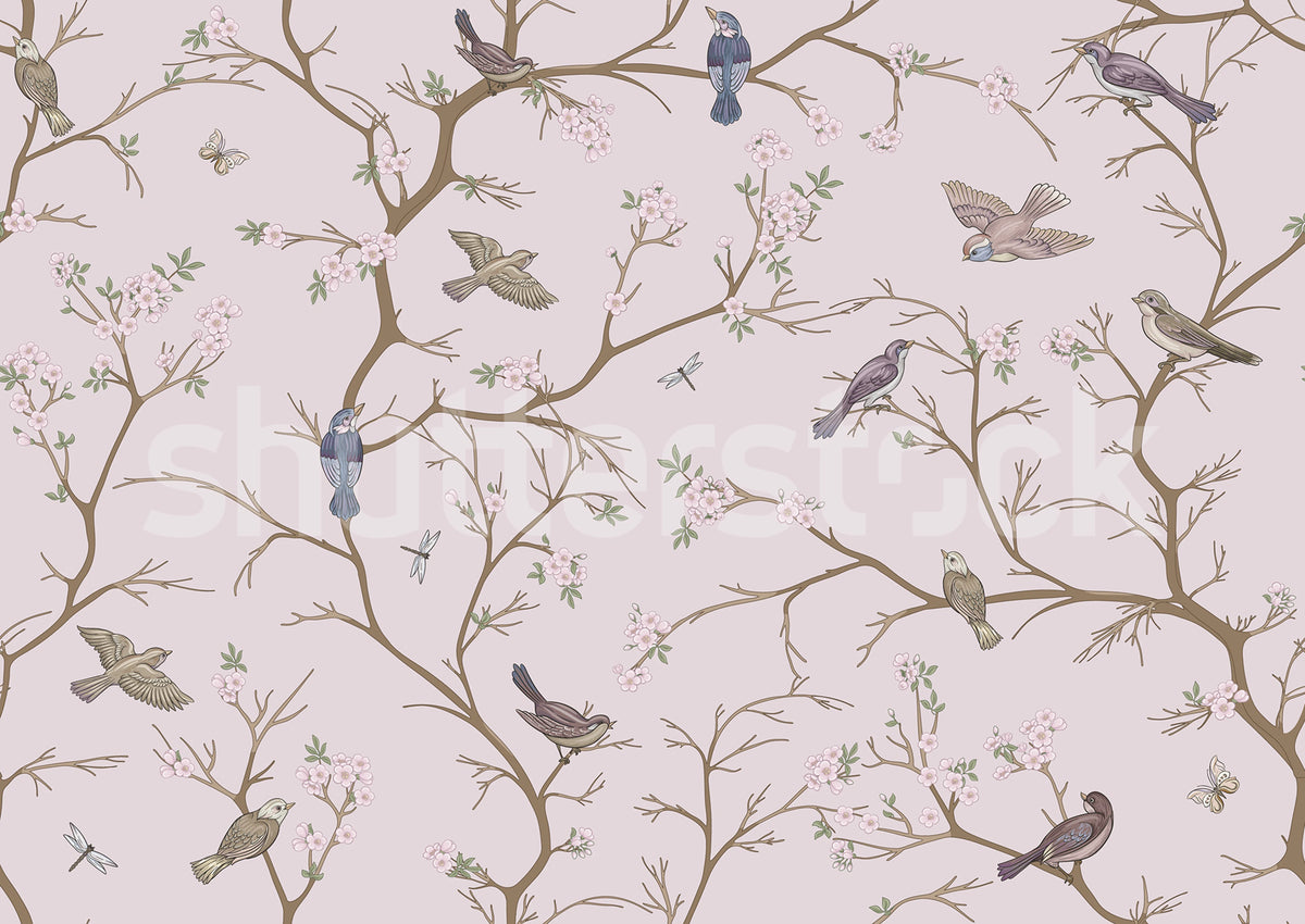 Bird Chinoiserie, Pink Mural Wallpaper - pure wallpaper artwork