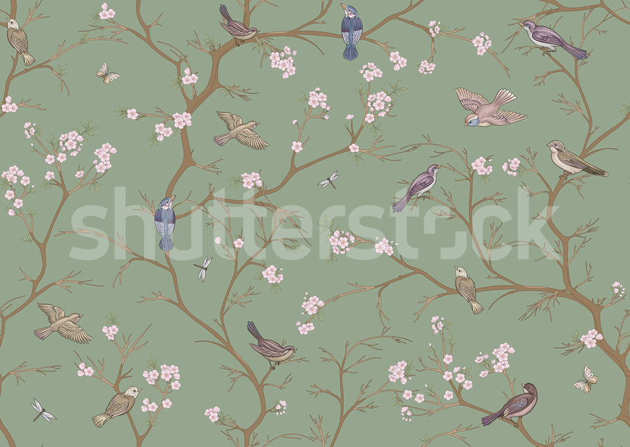 Bird Chinoiserie, Green Mural Wallpaper