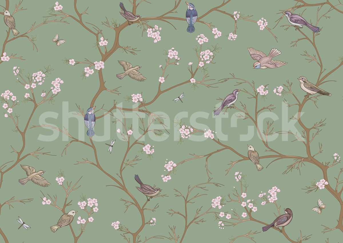 Bird Chinoiserie, Green Mural Wallpaper - pure wallpaper artwork