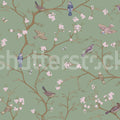 Bird Chinoiserie, Green Mural Wallpaper - pure wallpaper artwork