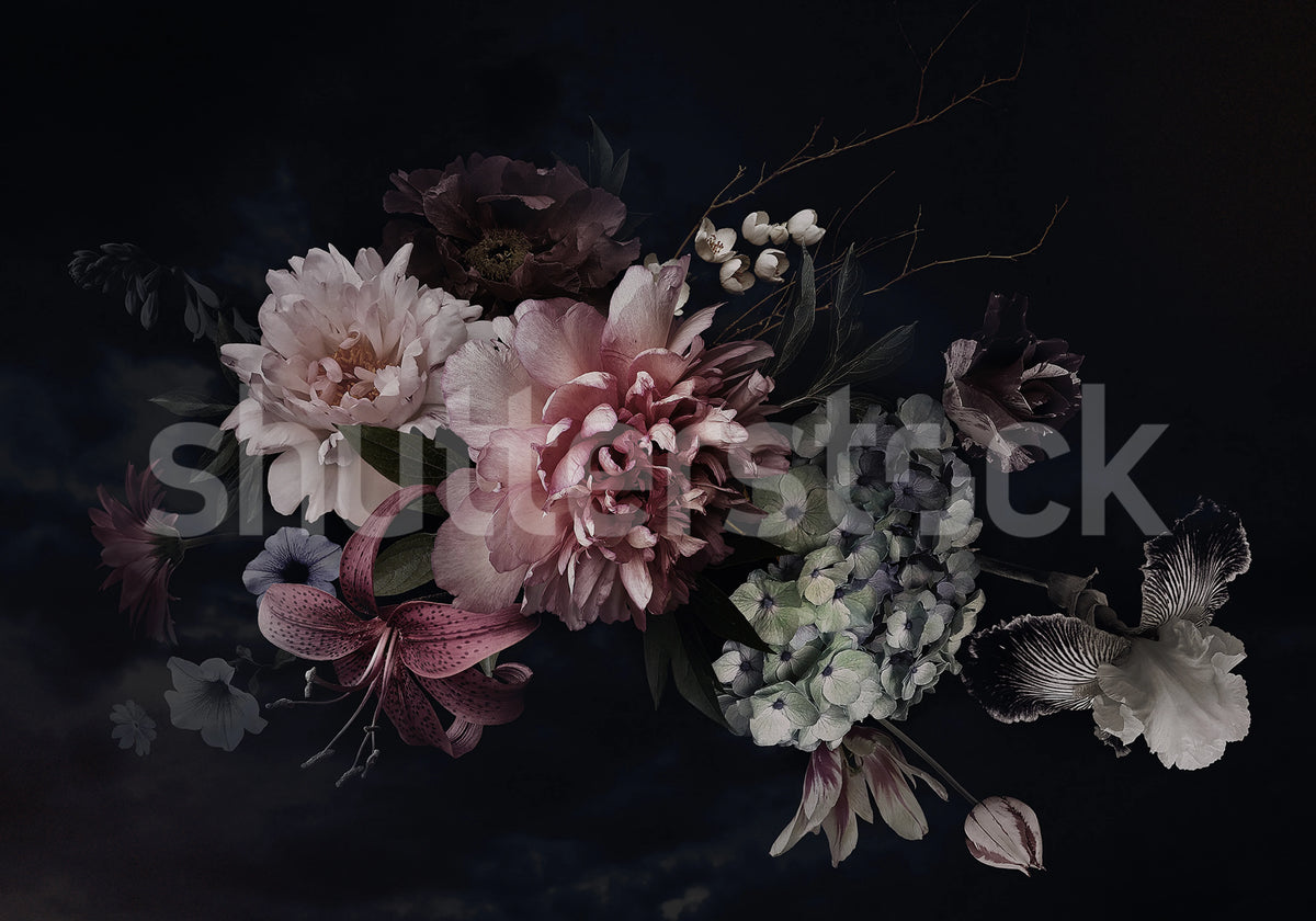Floral Bouquet, Dark Mural Wallpaper - pure wallpaper artwork