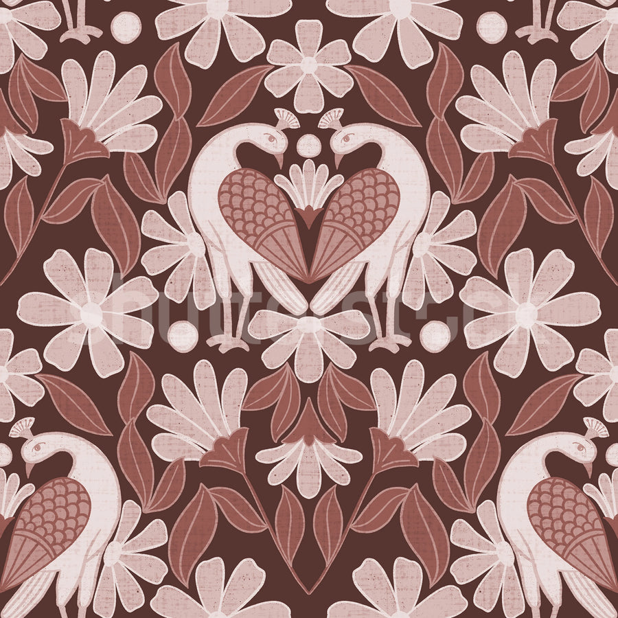 Dreamy Birds, Burgundy Mural Wallpaper