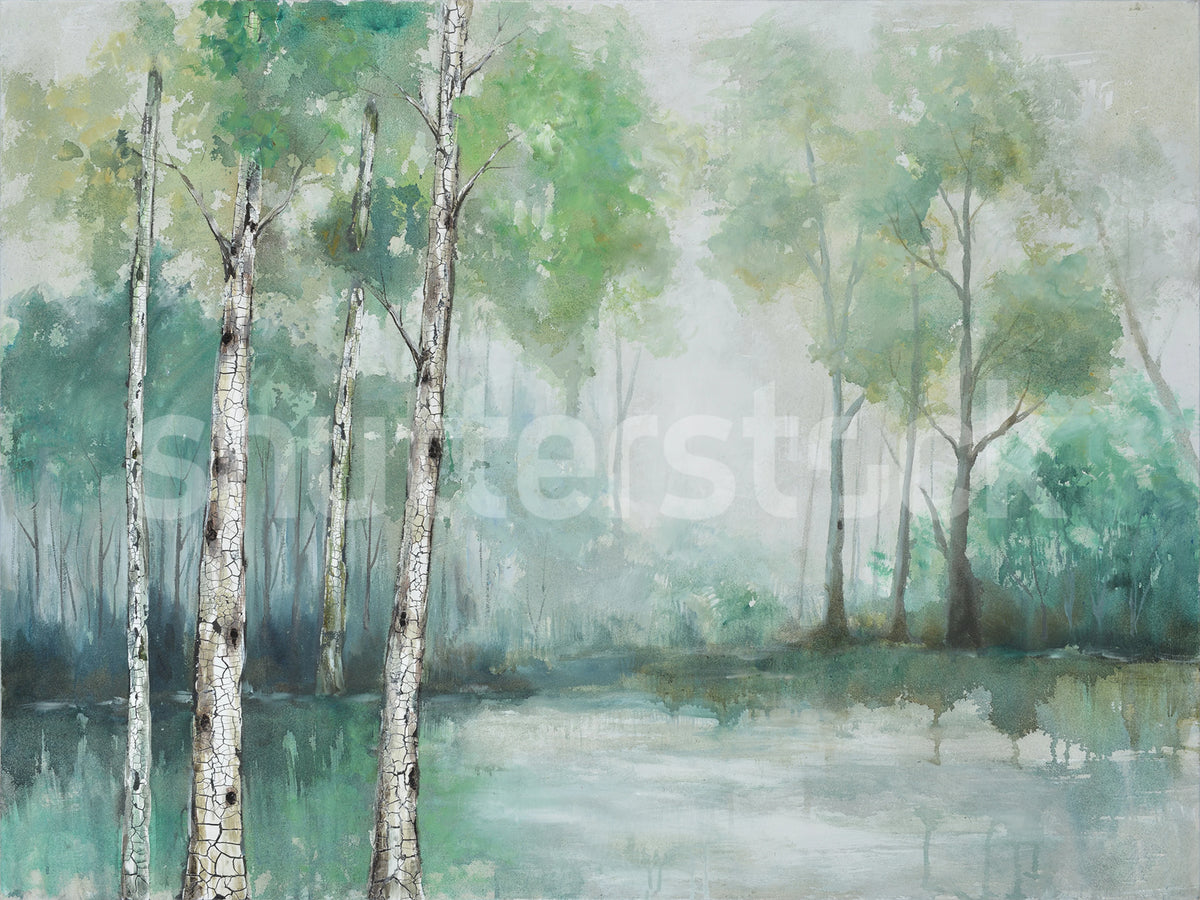 Birch View, Light Green Mural Wallpaper - pure wallpaper artwork